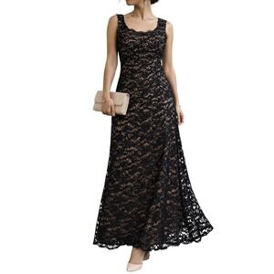 R&M Richards 14 Black Lace Gown Nude Lined Formal Evening